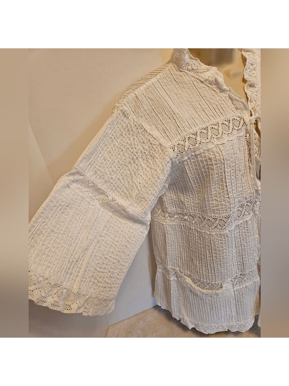 White Cotton Pintuck Tunic Lace Cottagecore Grandmacore One Size - Picture 15 of 15